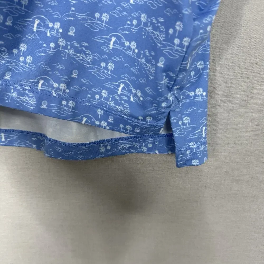 J.Crew Performance Mens Polo Shirt XXL Blue Golf Course Palm Tree Dog Printed